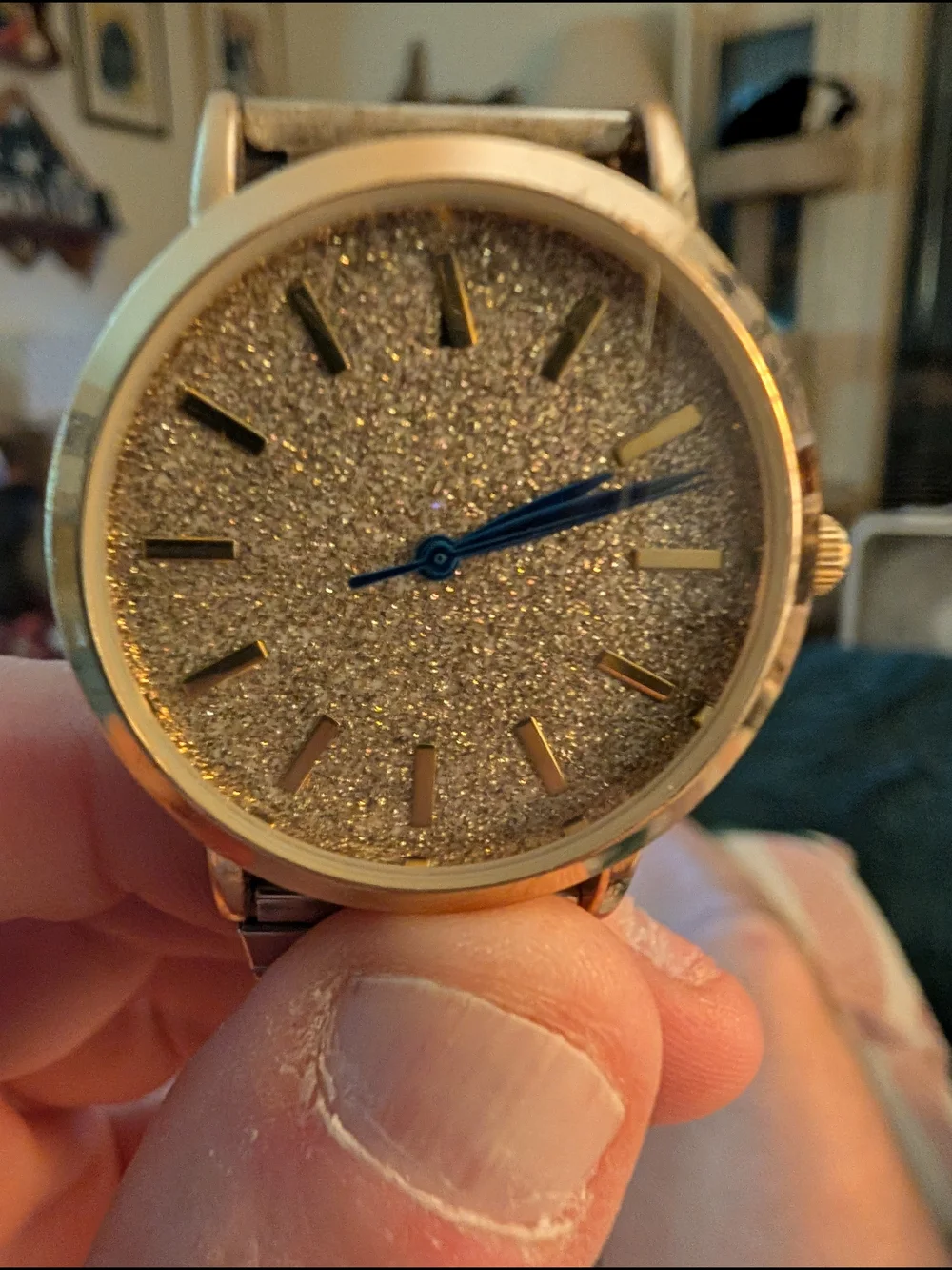 Gold Glitter Dial Watch with Blue Hands Brand New Battery In It